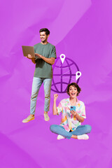 Poster 3d zine vertical art collage of happy girl guy hold laptop booking tickets globe icon geolocation travel relocation network