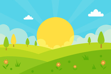 Fototapeta premium Vibrant spring meadow scene with sun and clouds vector illustration