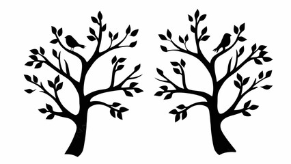 Obraz premium Silhouette illustration of two trees with leaves and birds perched on branches in black and white style