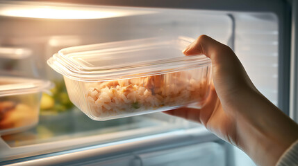 Close up of woman hand taking a plastic food with rice and meat container out of refrigerator
