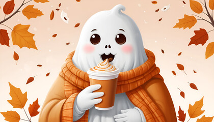 Cute Chubby Ghost Drinking Pumpkin Spice Latte with Autumn Leaves &ndash; Cozy Halloween Illustration