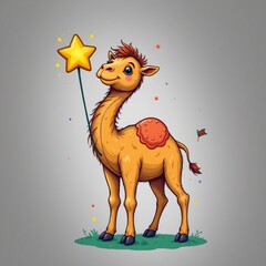 a friendly camel holding a star, in a cheerful kids illustration style with splashy colors on white background.