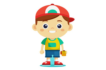 Happy cartoon boy wearing a red baseball cap and holding a yellow cup