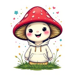 a magical talking mushroom wearing a hoodie, in a cheerful kids illustration style with splashy colors on white background.
