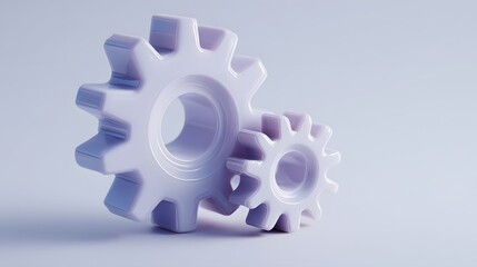 Two interlocking white gears on a light blue background