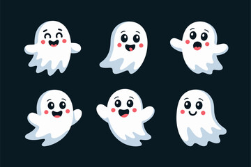 Cute ghost characters, nine friendly spirits, dark night background, Halloween vector, sticker pack