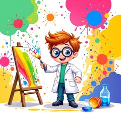 a radiant scientist painting a picture, in a cheerful kids illustration style with splashy colors on white background.