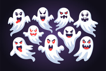 Funny ghost family, different expressions, dark background, Halloween character set, cute vector clipart