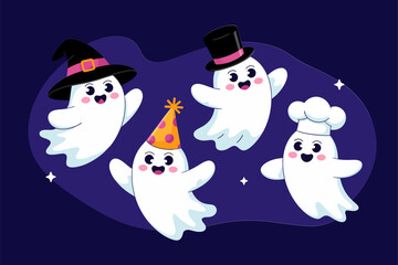 Happy ghost friends, party hats and top hats, purple shapes, cute Halloween vector, friendly spirits, cartoon clipart, festive design