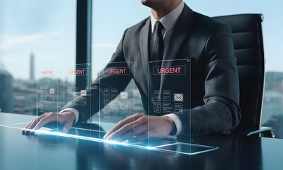 Businessman's Hands Interacting with Holographic Interface Displaying 'urgent' Notifications, Future Technology Concept