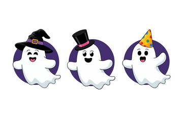Ghost trio badges, round purple frames, witch hat and party hat, cute Halloween vector, cartoon clipart, kids sticker friendly design