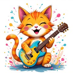 a joyful cat playing a guitar, in a cheerful kids illustration style with splashy colors on white background.