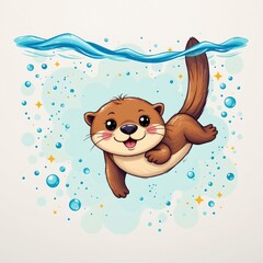 a playful otter diving underwater, in a cheerful kids illustration style with splashy colors on white background.