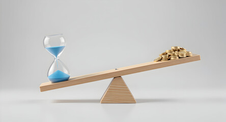 Time and Money: Conceptual Image of an Hourglass Balancing Coins on a Wooden Teeter-totter, Financial Concept
