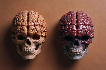 Two skulls with exposed brains on brown background