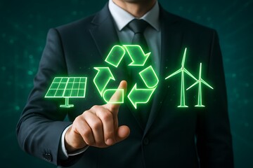 Businessman promoting sustainable practices by interacting with a digital interface showing recycling, solar energy, and wind turbines.