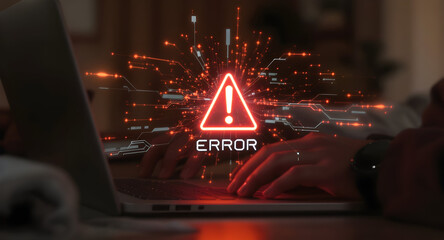 Digital Warning: a Laptop Screen Displays an Error Message with a Glowing Red Exclamation Mark, Suggesting a System Failure