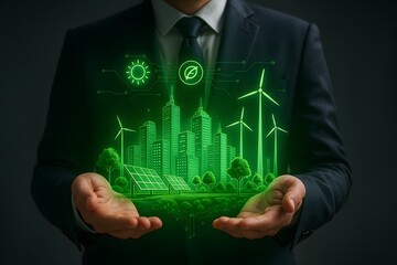Businessman presenting a sustainable city concept, showcasing renewable energy sources and eco-friendly urban development.