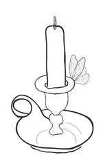 Hand drawn minimal line art of a moth sitting around a candle with a vintage style holder. Mystical illustration perfect for posters, prints, tattoos, stickers, gothic themes, and spiritual projects.