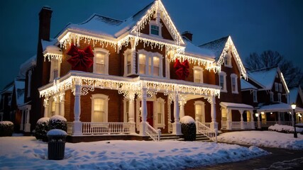 AI-generated snowy house adorned with white Christmas lights and giant red bows on the windows - Powered by Adobe