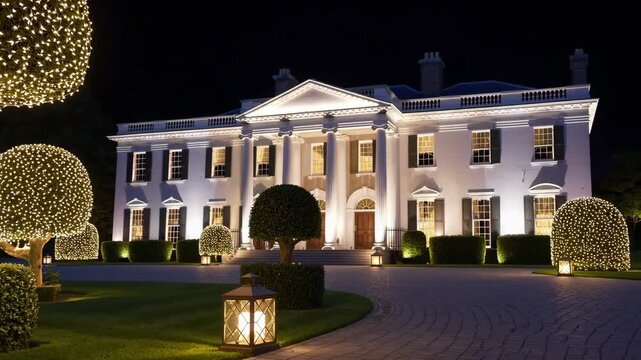 AI-generated mansion with neoclassical pillars, topiary trees and glowing lights under the night sky
