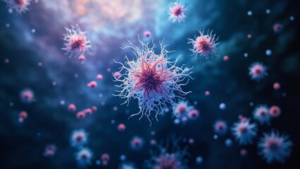 Primordial Origins.
 This captivating image captures the essence of the earliest moments of life on Earth, depicting an artistic vision of primitive microorganisms and cells floating in the primordial