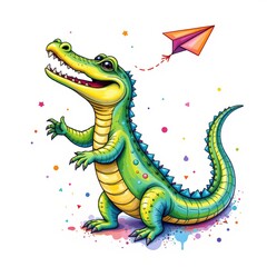 a colorful alligator flying a paper airplane, drawn in a playful watercolor splash style on a clean white backdrop.