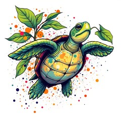 a daring sea turtle jumping in leaves, rendered in a colorful comic style with ink splatter on white background.