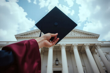 Graduation cap tossed high against university building