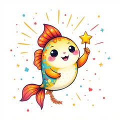 a radiant catfish holding a star, in a cheerful kids illustration style with splashy colors on white background.