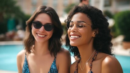 Two friends relaxing by the pool at a luxurious resort under the bright sun, symbolizing leisure, summer vacation, luxury lifestyle, friendship and tropical getaway - Powered by Adobe