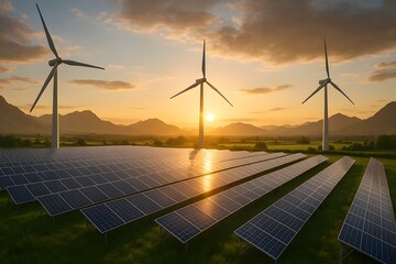 A scenic landscape showcasing solar panels and wind turbines harnessing energy at sunset.