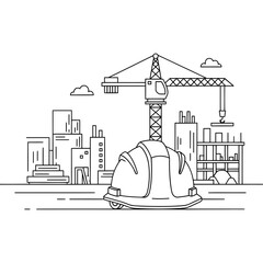 Line art illustration of a building construction concept with a safety helmet and cityscape background