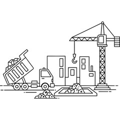 Fototapeta premium Construction Site with Crane and Dump Truck Line Art