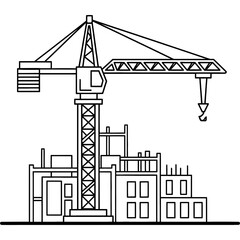 Monochrome line art illustration of a bustling construction site featuring a prominent tower crane and partially built structures, symbolizing the concept of urban development