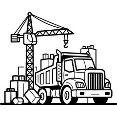 Construction Site Crane and Dump Truck Illustration