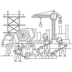 Construction Workers Pouring Concrete A Coloring Page