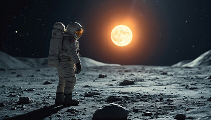 Astronaut on Rocky Surface Facing Moon