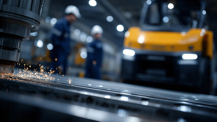 Close up industrial scene of modern robotic welding technology with protective workers monitoring process, highlighting automation, innovation, manufacturing safety, and engineering solutions