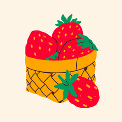 Basket with red juicy Strawberries. Hand drawn modern Vector illustration. Isolated design element. Summer fresh sweets concept. Logo, icon, print, poster, sticker template
