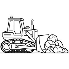 Naklejka premium Outline drawing of a heavy-duty construction bulldozer with tracks pushing a large pile of rocks, ideal for a coloring book activity or industrial design concept