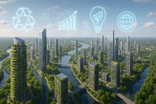 Futuristic city with green buildings, rivers, and environmental icons suggesting sustainability and ecological awareness.