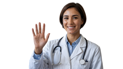 Smiling female doctor waving hello with a friendly greeting, professional medical care assurance