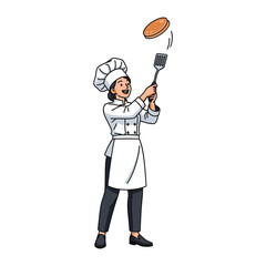 Chef Tossing Pancake: A skilled chef, wearing a classic white chef's uniform, expertly tosses a pancake in the air with a spatula.  The illustration is vibrant and full of energy.