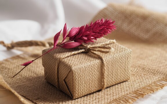 Elegant gift box wrapped in burlap with dried flower accent evokes thoughtful presentation and natural charm.