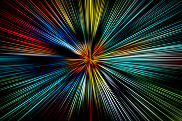 Abstract surface of radial blur zoom in red, yellow, blue, green, orange tones on a black...