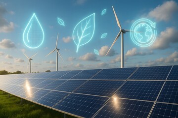 Sustainable energy sources depicted over solar panels and wind turbines.