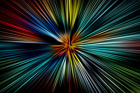 Abstract surface of radial blur zoom in red, yellow, blue, green, orange tones on a black background. creating vibrant light streaks with cosmic and dynamic energy.