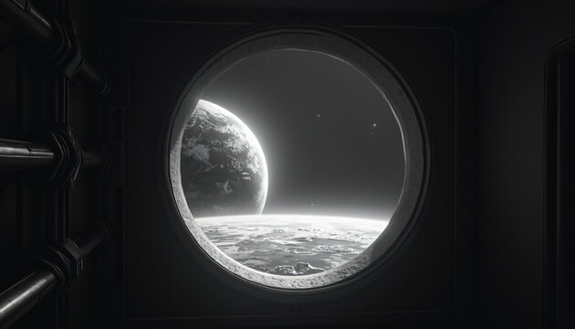 Earth Seen Through Spacecraft Porthole in Monochrome