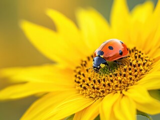 Fototapeta premium A ladybug perched on a sunflower, adding a pop of color to the yellow petals